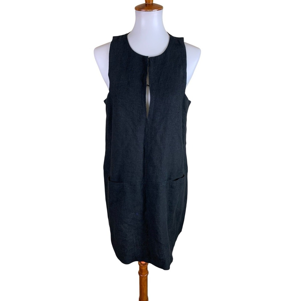 Olivaceous Black Linen Sleeveless Shift Dress Pocket Minimalist Large